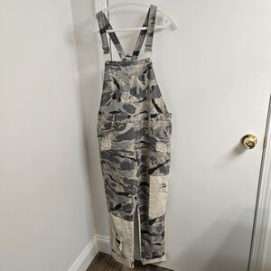 Pol Women's Camo Distressed Overalls, Size L, Gray, Green, Boho, Pockets